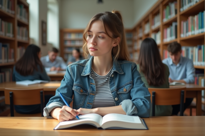 Jeune femme étudie un livre d'anglais dans une bibliothèque universitaire