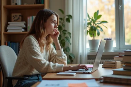 Jeune femme concentr&eacute;e sur un simulateur m&eacute;moire dans sa chambre