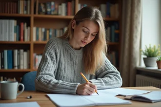 Jeune femme qui révise un exemple de test TOEIC imprimé avec corrections annotées au crayon sur un bureau en bois