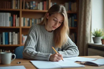 Jeune femme qui révise un exemple de test TOEIC imprimé avec corrections annotées au crayon sur un bureau en bois