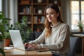 Jeune femme travaillant sur son ordinateur à la maison