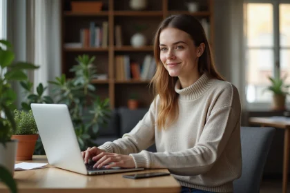 Jeune femme travaillant sur son ordinateur &agrave; la maison