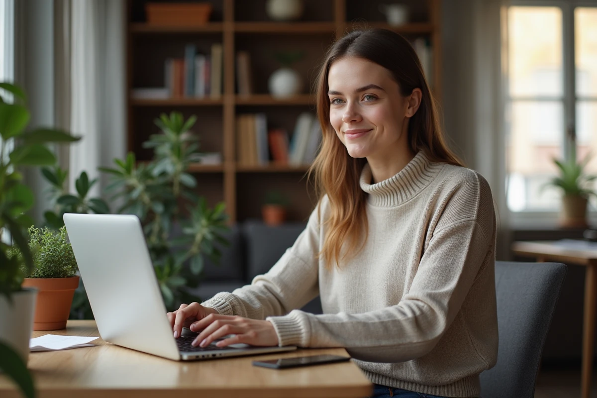 Jeune femme travaillant sur son ordinateur à la maison