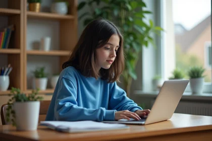 Jeune fille concentr&eacute;e sur son ordinateur dans un bureau &agrave; la maison