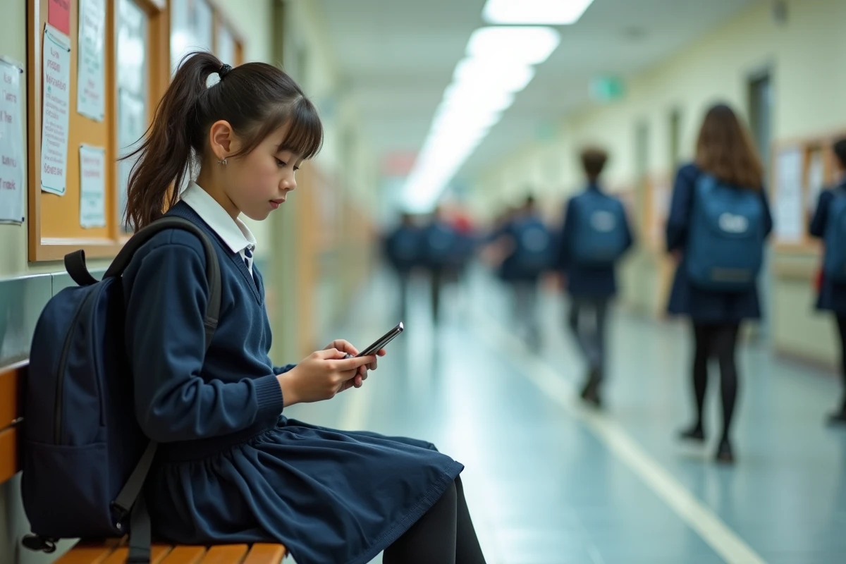 Fille en uniforme dans le couloir scolaire avec smartphone