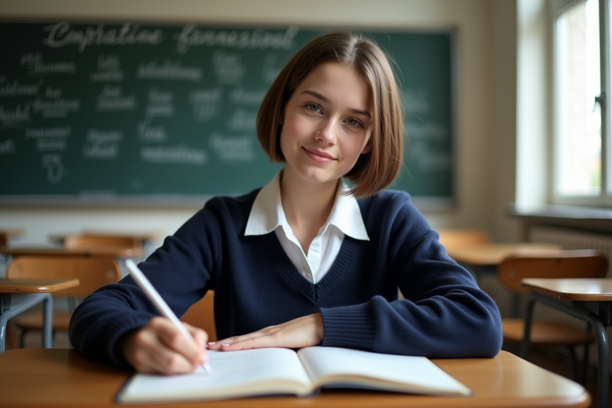 Jeune fille concentrée en classe avec notes et livre