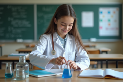 Jeune fille en blouse blanche versant un liquide bleu en classe