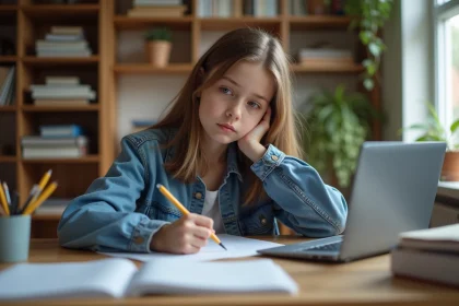 Jeune fille en tenue d&eacute;contract&eacute;e remplissant une fiche Parcoursup dans sa chambre