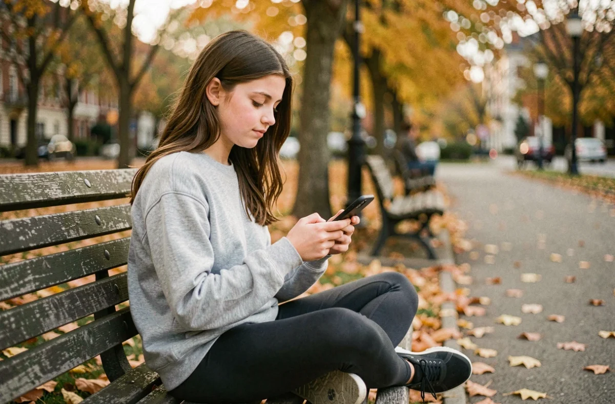 Jeune fille préparant l'ASSR 2 avec une application sur smartphone dans un parc en automne