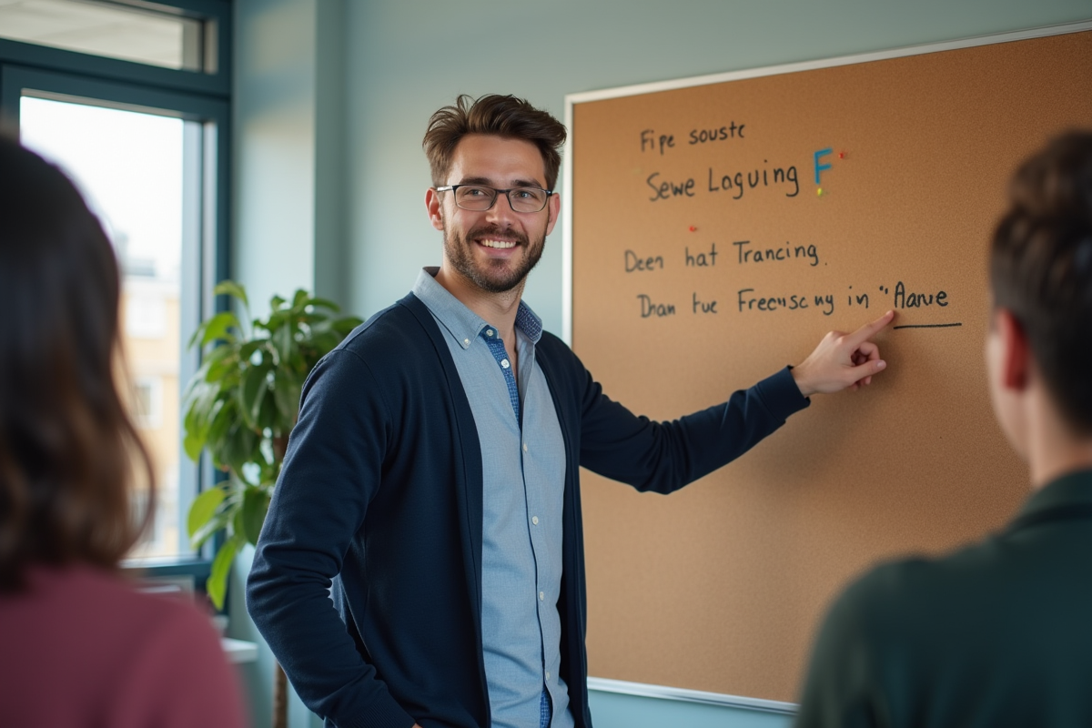 Jeune homme expliquant la traduction de Diane à des étudiants en classe