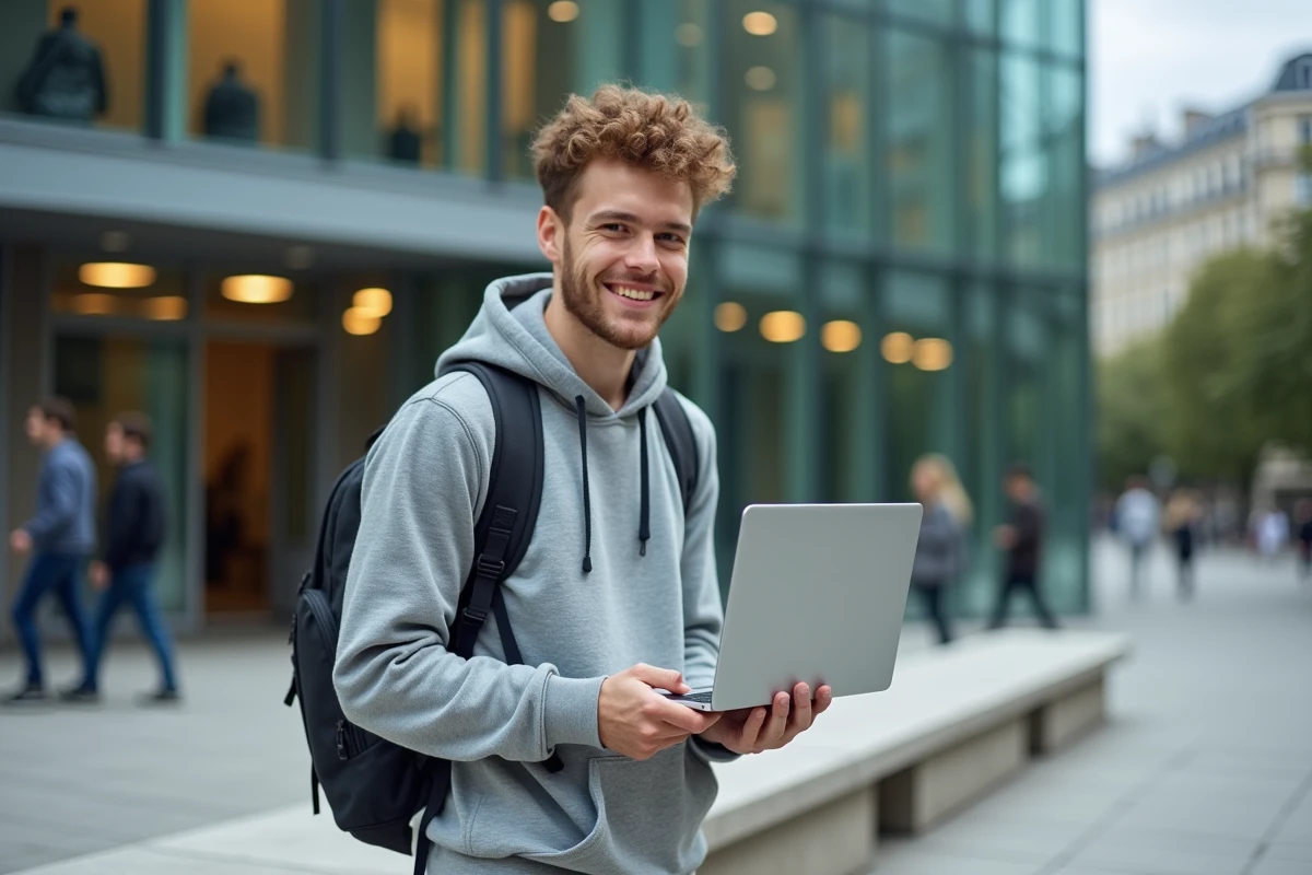 Jeune homme souriant avec son ordinateur devant l