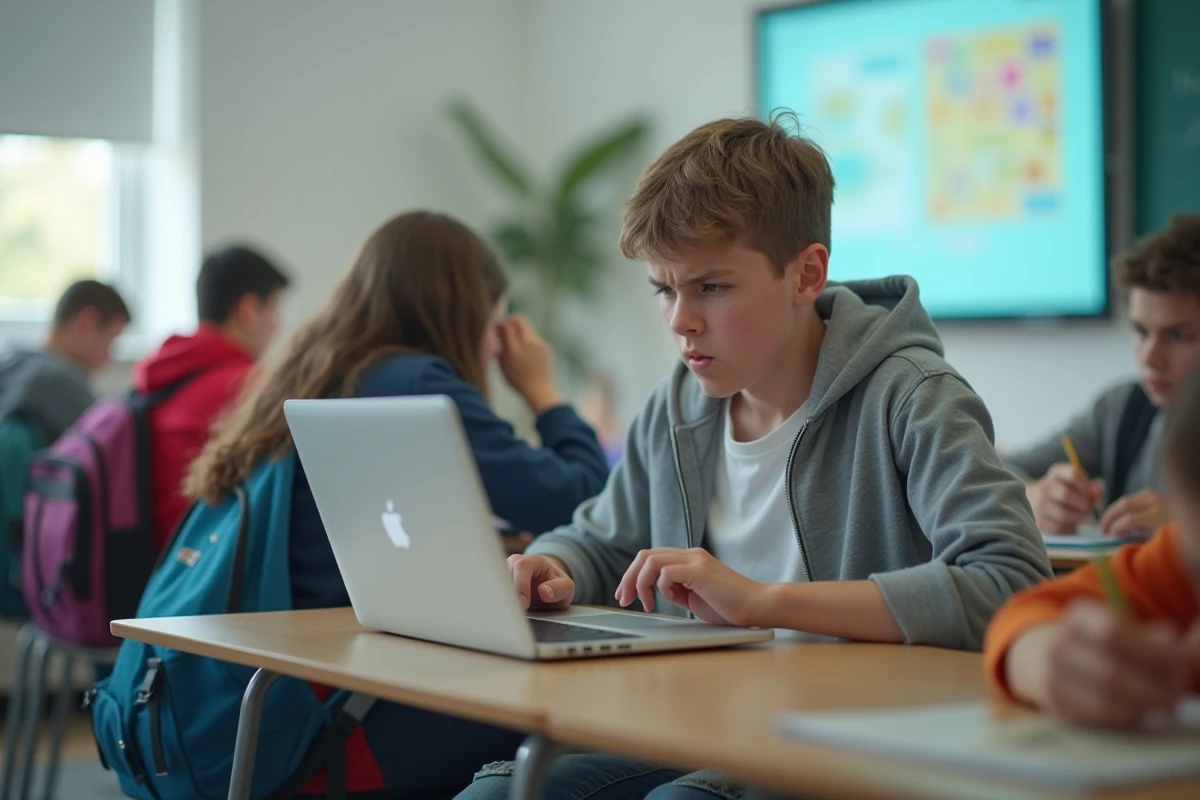Adolescent concentré devant son ordinateur en classe
