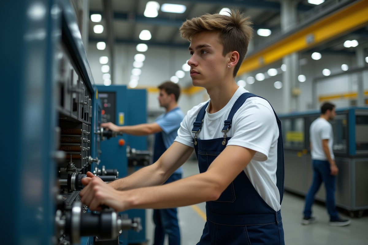 Jeune homme en overalls utilisant une machine dans un atelier industriel