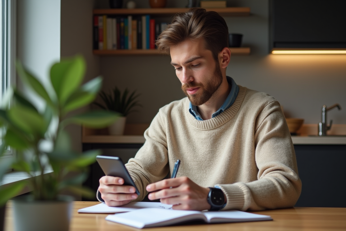 Jeune homme au smartphone et carnet dans un intérieur cosy