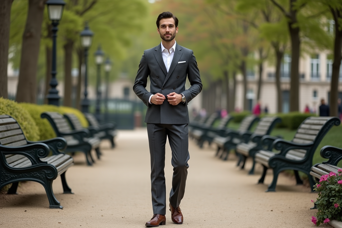 Jeune homme en costume dans un parc parisien