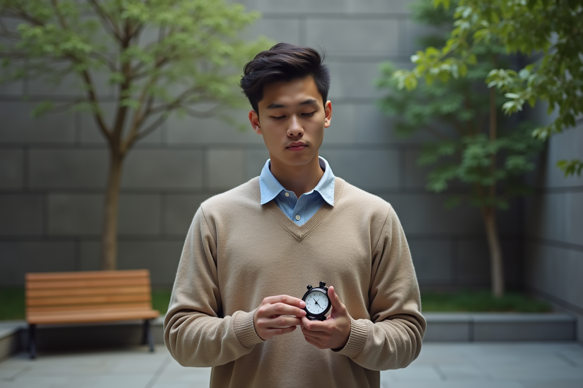 Jeune homme en extérieur préparant un pitch seul