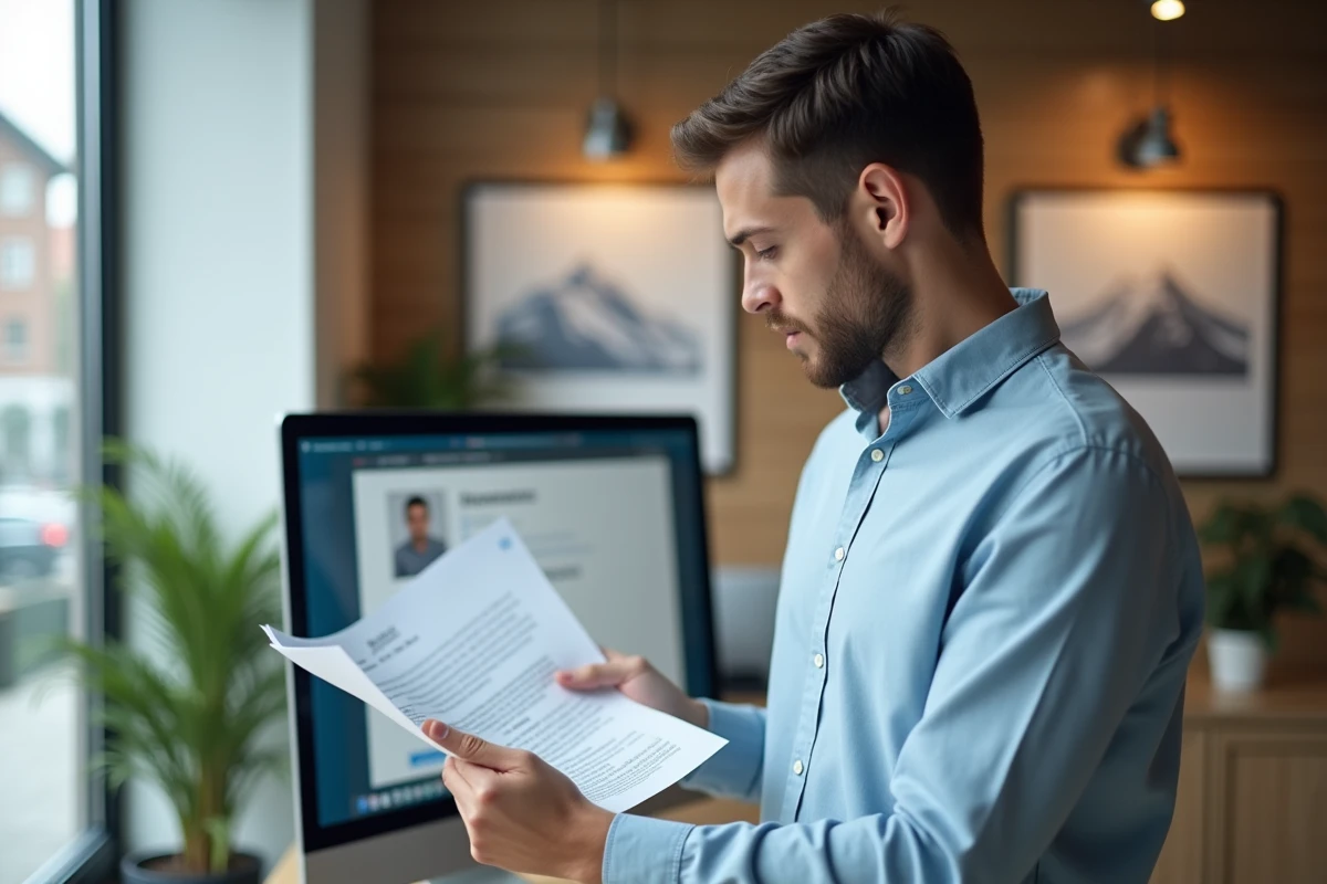 Jeune homme vérifiant son CV et profil LinkedIn dans un espace de coworking
