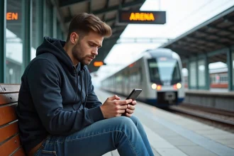 Jeune homme assis sur un quai de train moderne avec smartphone