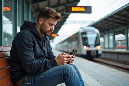 Jeune homme assis sur un quai de train moderne avec smartphone