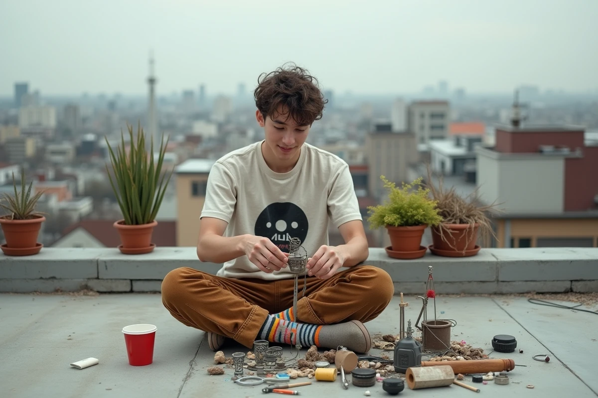 Jeune homme créant une sculpture urbaine sur un toit