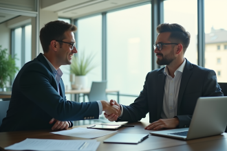 Jeune professionnel serrant la main d'un banquier dans un bureau moderne