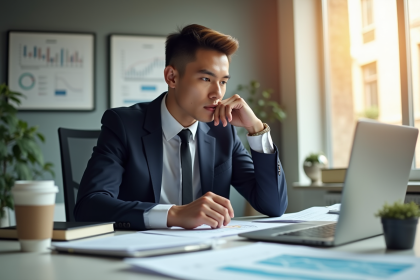 Jeune professionnel analysant des graphiques financiers dans un bureau lumineux