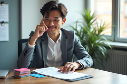 Jeune professionnel confiant travaillant sur un CV dans un bureau lumineux