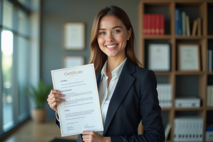 Jeune femme professionnelle fière avec certificat en bureau