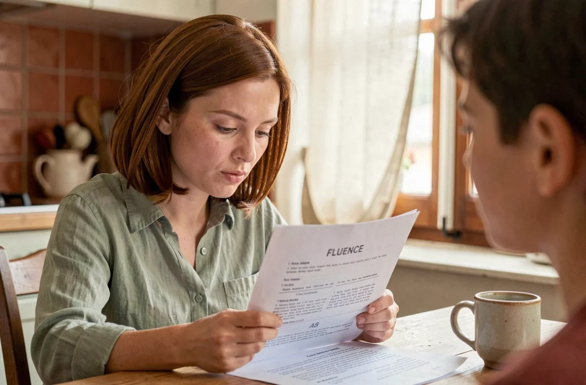 Mère aidant son fils de CE1 à s'entraîner à lire à voix haute avec un texte Fluence imprimé à la maison