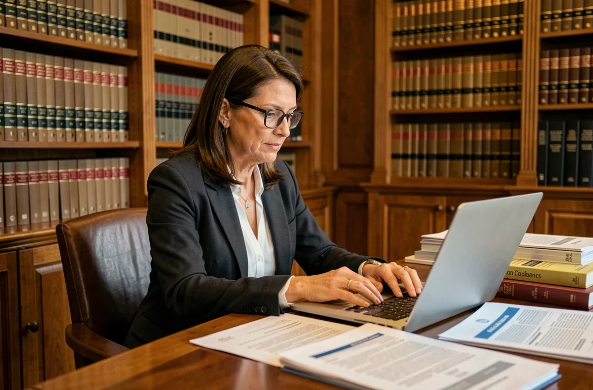 Une experte juridique Lefebvre Dalloz analysant des documents de conformité réglementaire dans une bibliothèque de droit