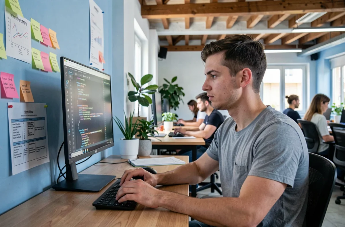 Stagiaire en formation digitale devant un écran de code dans les locaux de Loop Formations à Marseille