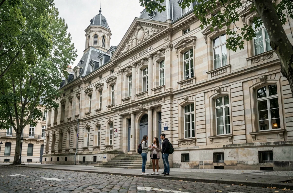 Façade néoclassique du lycée Henri-IV à Paris avec la tour Clovis et des élèves devant l'entrée