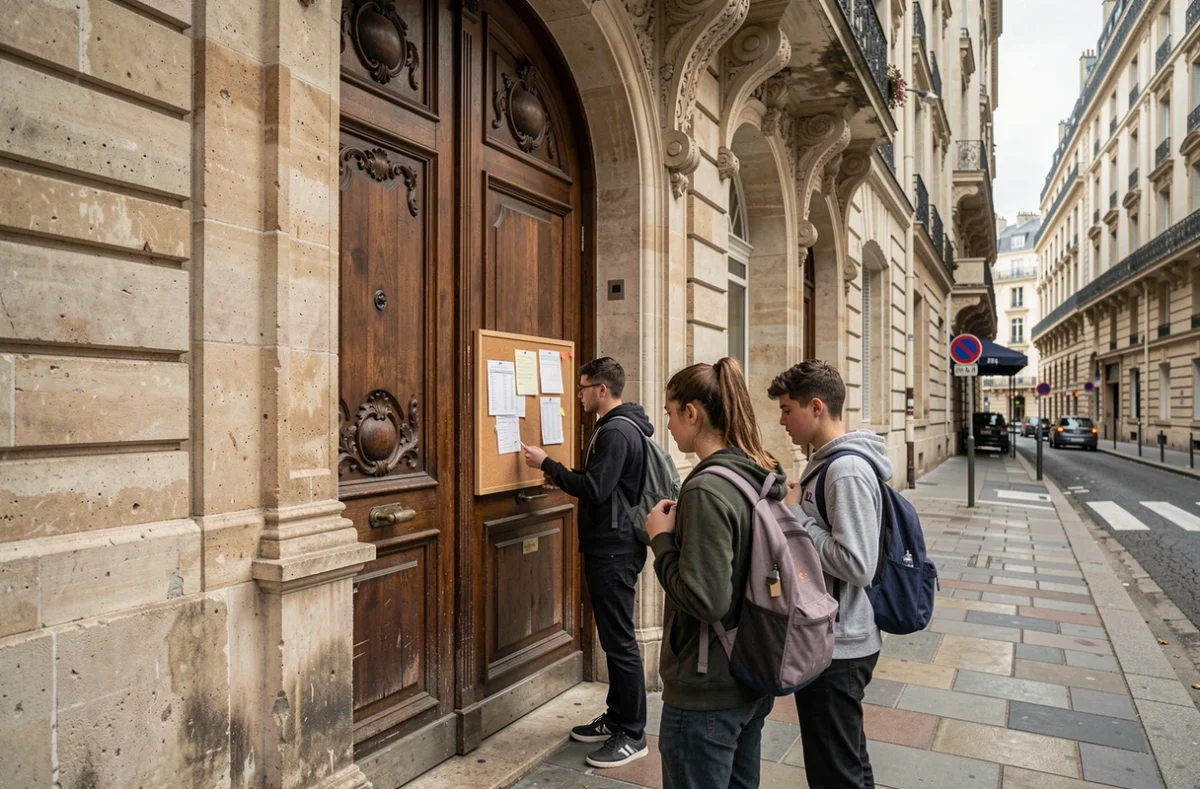Portail historique en pierre du lycée Louis-le-Grand à Paris avec des élèves à l'entrée de l'établissement