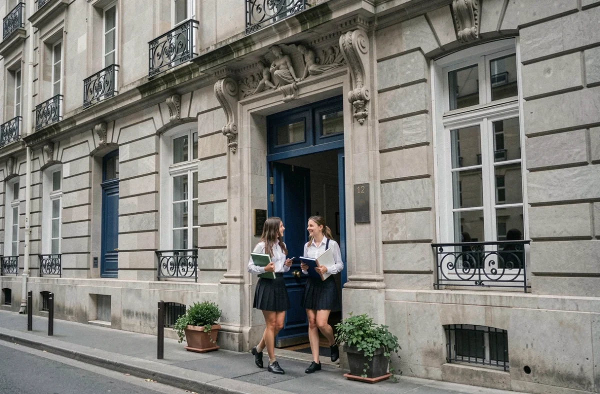 Entrée élégante du lycée Notre-Dame de Sion à Paris avec deux élèves en uniforme sortant de l'établissement