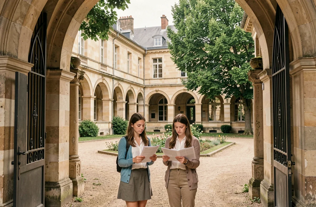 Cour intérieure du lycée Notre-Dame du Grandchamp à Versailles avec des élèves révisant sous les arcades en pierre