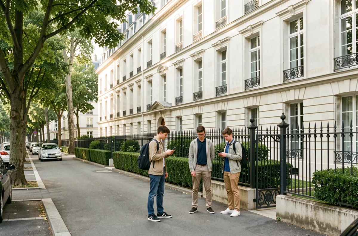 Façade en pierre blanche du lycée Saint-Dominique à Neuilly-sur-Seine avec des élèves devant le portail