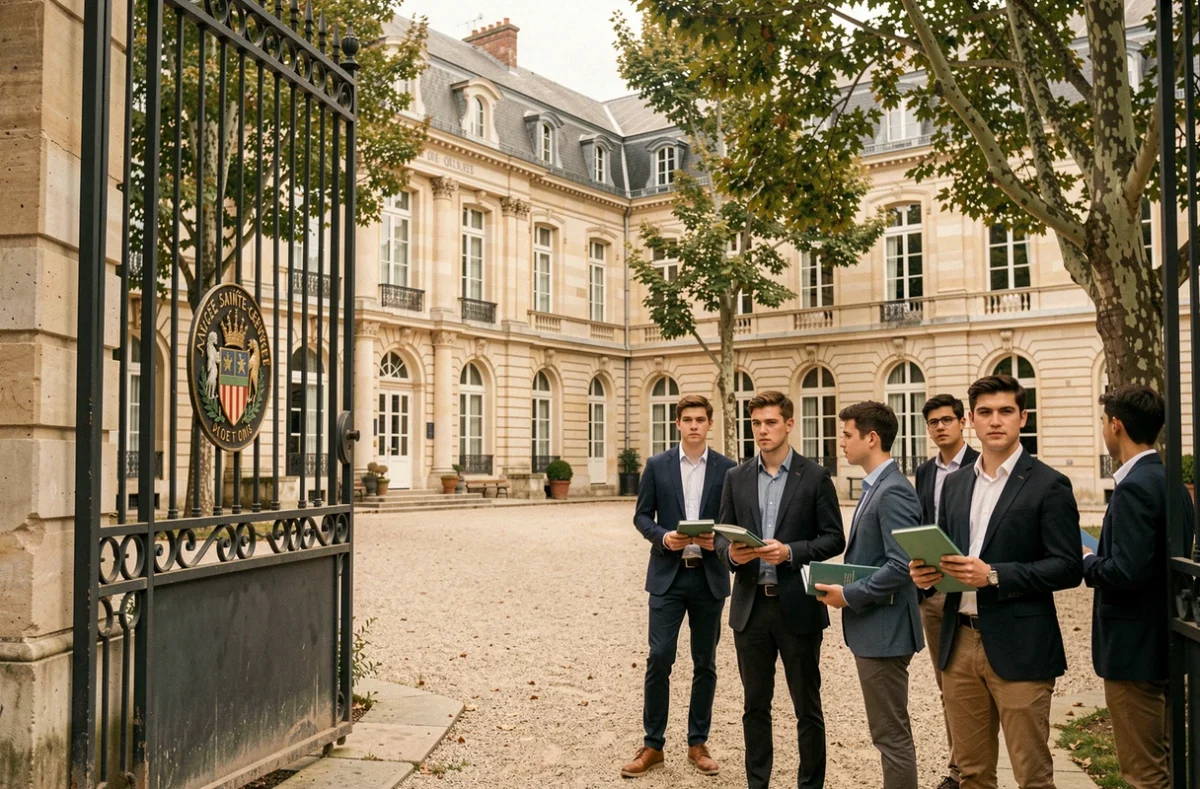 Entrée monumentale du lycée Sainte-Geneviève à Versailles avec des élèves en blazer devant les grilles de l'établissement