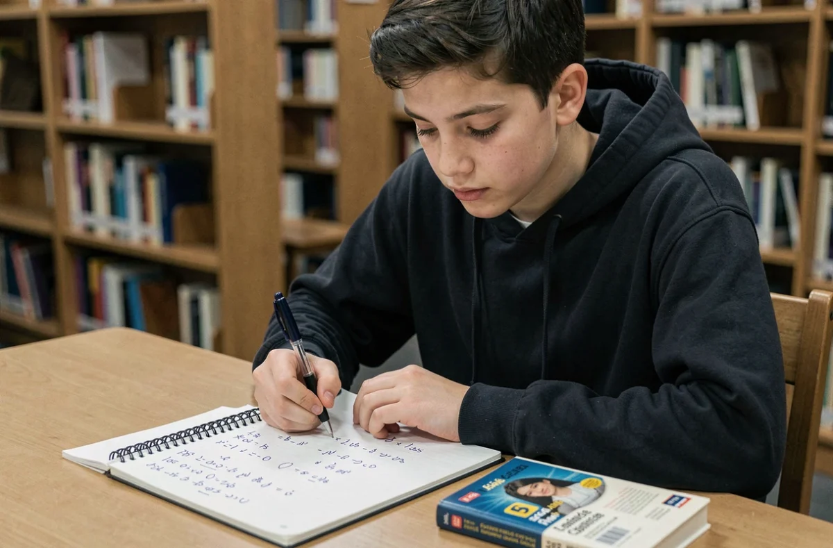 Adolescent prenant des notes sur la conjugaison du verbe manger en bibliothèque avec un dictionnaire français