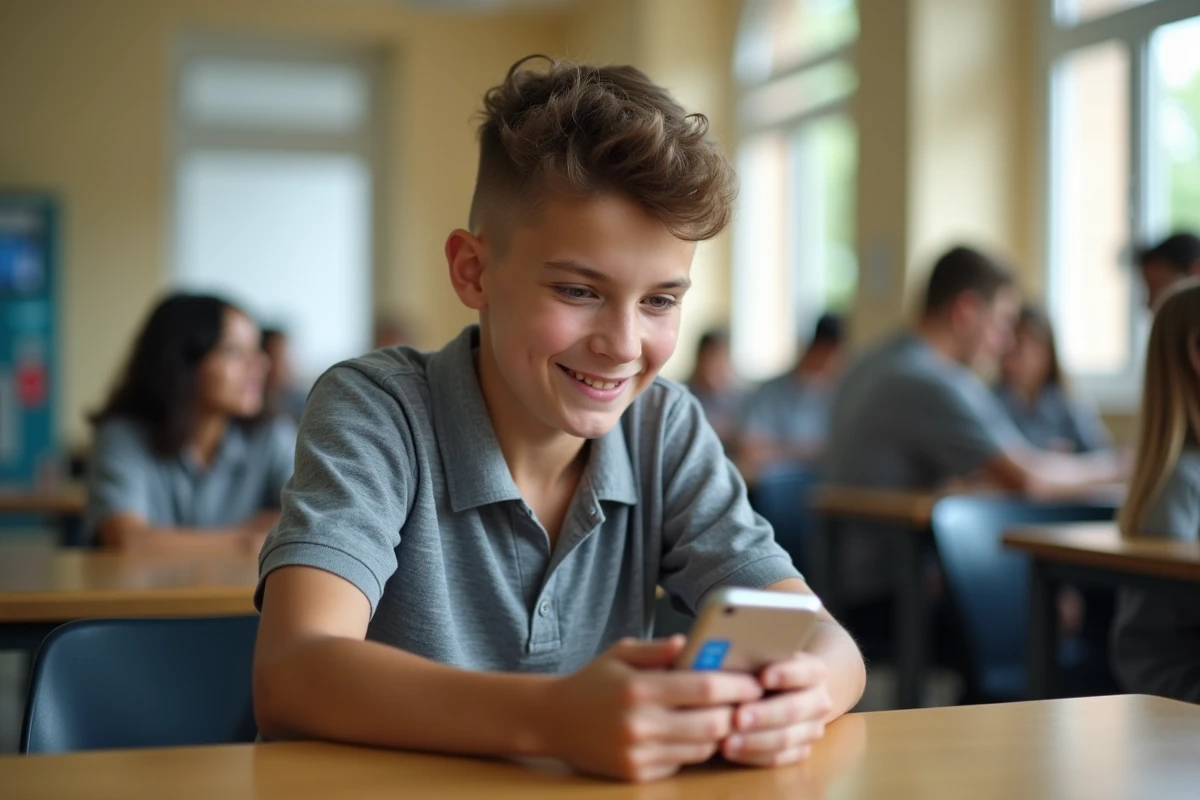 Lycéen lisant ses messages sur l'application ENT depuis son smartphone à la cafétéria