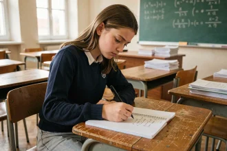 Lycéenne calculant ses notes avec coefficient dans un carnet scolaire en classe
