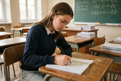 Lycéenne calculant ses notes avec coefficient dans un carnet scolaire en classe