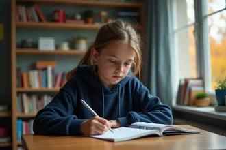 Lycéenne en train de rédiger une définition de figure de style dans un cahier à son bureau