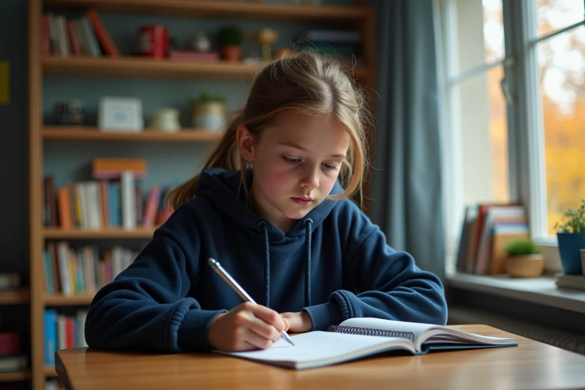 Lycéenne en train de rédiger une définition de figure de style dans un cahier à son bureau