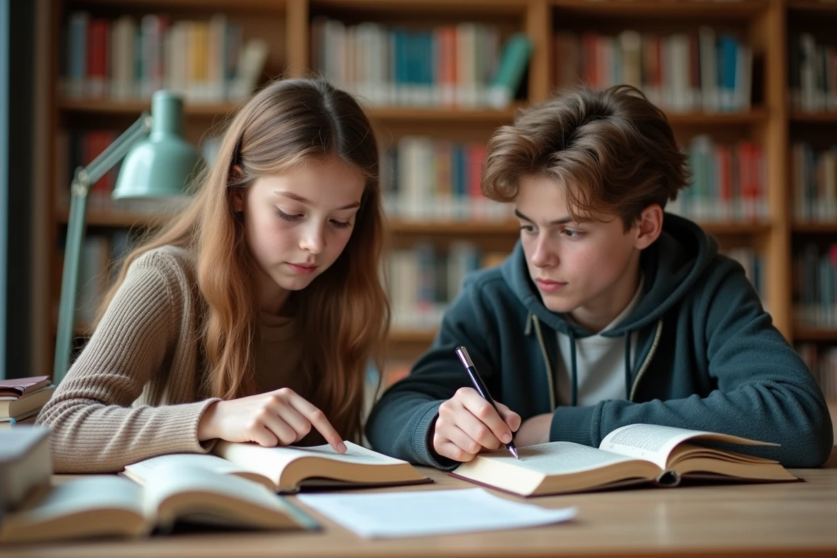 Deux lycéens révisant ensemble les figures de style dans une bibliothèque avec des manuels ouverts