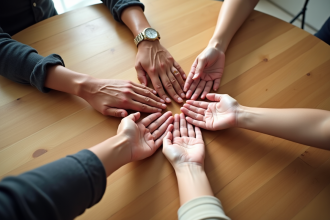 Main de différentes personnes réunies sur une table en bois