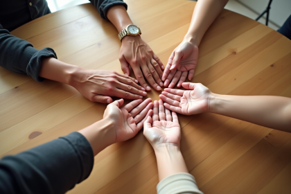 Main de différentes personnes réunies sur une table en bois