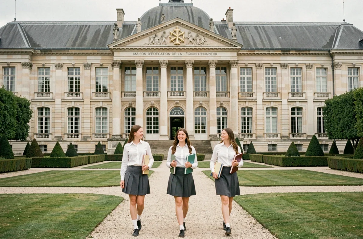 Façade néoclassique de la Maison d'éducation de la Légion d'honneur à Saint-Denis avec des élèves en uniforme dans le parc