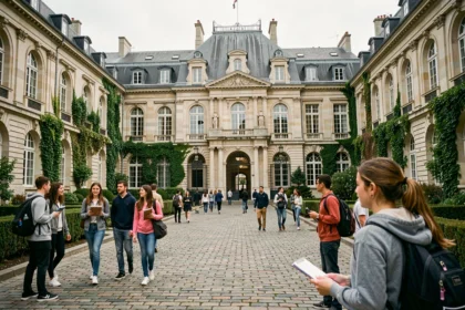 Vue panoramique d'une cour de lycée prestigieux en Île-de-France avec architecture classique et élèves en tenue décontractée