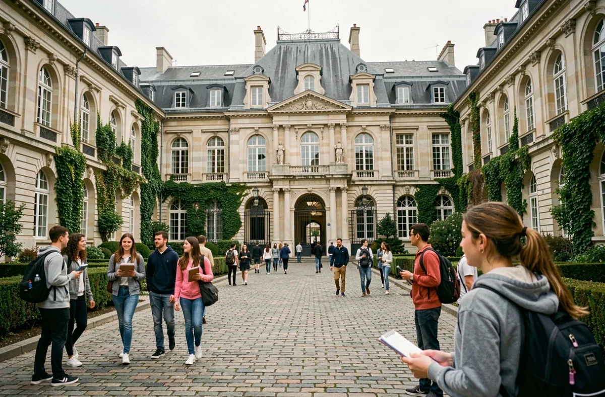 Vue panoramique d'une cour de lycée prestigieux en Île-de-France avec architecture classique et élèves en tenue décontractée