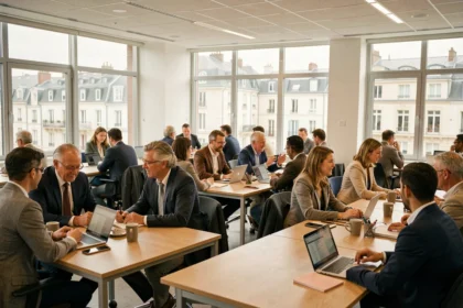 Vue d'ensemble d'un centre de formation professionnelle moderne dans les Pays de la Loire avec des apprenants adultes travaillant en groupe